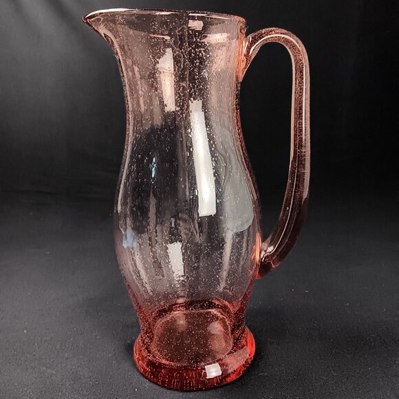 Pink Art Deco Glass Pitcher Air Bubble Applied Handle Heavy Bottom 62oz - Picture 2 of 5